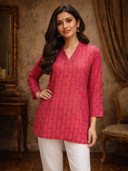 Odette - Pink Silk Blend Floral Kurti