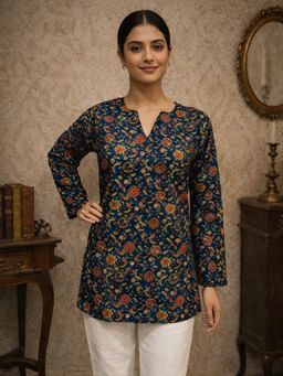 Odette - Navy Blue Silk Blend Floral Kurti