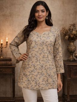 Odette - Beige Silk Blend Floral Kurti