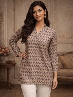 Odette - Women Brown Silk Blend Floral Kurti