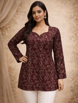 Odette - Brown Silk Blend Floral Kurti