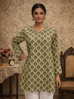 Odette - Women Green Silk Blend Floral Kurti
