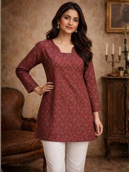 Odette - Women Maroon Silk Blend Floral Kurti