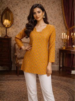Odette - Yellow Silk Blend Floral Kurti