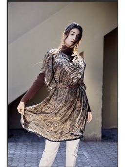 HOUSE OF KARI - Dark Brown Poly Silk Chikankari Kaftan