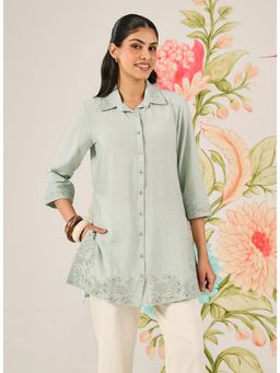 Lakshita - Women Blue Embroidered Linen Shirt Style Tunic