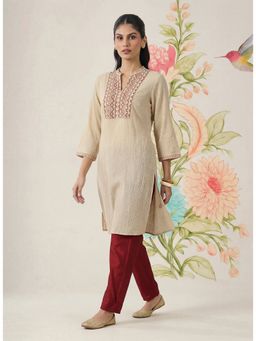 Lakshita - Beige Cotton Blend Embroidered Straight Kurta