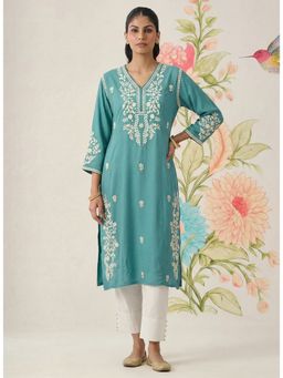 Lakshita - Teal Cotton Blend Embroidered Kurta