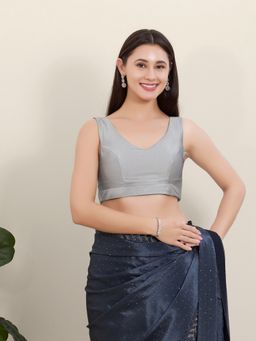 VAMAS - THE DESIGNER BLOUSES - Grey Tafeta Silk Solid Stitched Blouse