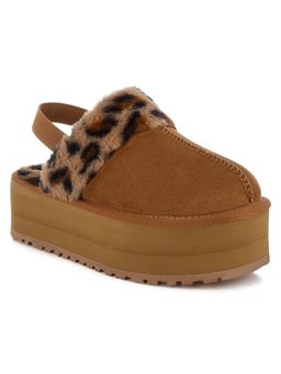 London Rag - Tan Leopard Faux Fur Platform Classic Slingback Heels