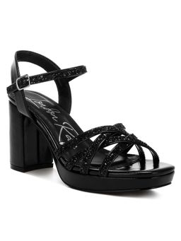 London Rag - Black Glitter Strappy Block Sandal Heels