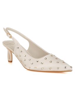 London Rag - Beige Heart-Shaped Rhinestone Studded Mules Heels