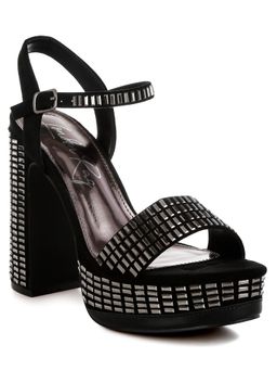 London Rag - Black Rhinestones Embellished Ankle Strap Sandal Heels