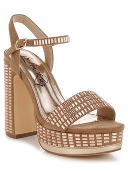 London Rag - Tan Rhinestones Embellished Ankle Strap Sandal Heels