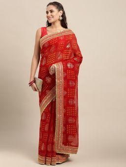 Vastranand - Red & Golden Sequinned Bandhani Saree with Unstitched Blouse