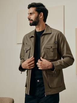 Andamen - Men Cotton Blend Multiple Pockets Brown Jacket