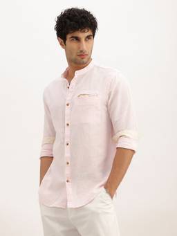 WROGN - Pink Solid Regular Fit Mandrin Collar Shirt