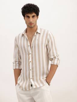 WROGN - Beige Slim Fit Striped Full Sleeve Shirt