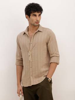 WROGN - Khaki Slim Fit Textured Striped Full Sleeve Shirt