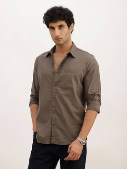 WROGN - Olive Solid Regular Fit Full Sleeve Shirt