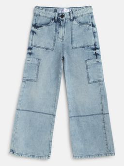Tales & Stories - Girls Light Blue 100% Cotton Wide Leg Fit Solid Jeans