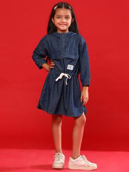 Tales & Stories - Girls Medium Blue Cotton Regular Fit Washed Dress