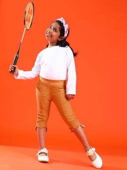 Tales & Stories - Girls Mustard Slim Fit Lycra Solid Capris