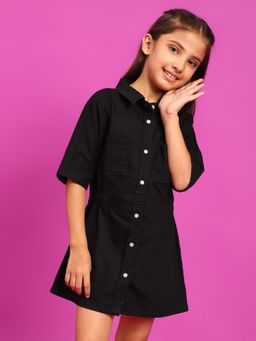 Tales & Stories - Girls Black Lycra Regular Fit Solid Washed Dress