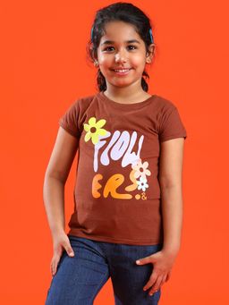 Tales & Stories - Girls Brown Lycra Printed Slim Fit T-Shirt