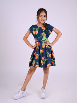 Tales & Stories - Girls Navy Blue Rayon Regular Fit Printed Dress