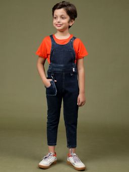 Tales & Stories - Boys Dark Blue Regular Fit Lycra Solid Dungaree