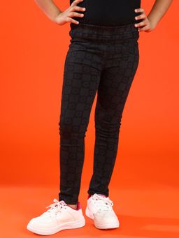 Tales & Stories - Girls Black Slim Fit Lycra Printed Jegging