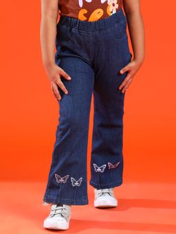 Tales & Stories - Girls Dark Blue Boot Cut Fit Lycra Embroidery Jeggings