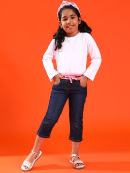Tales & Stories - Girls Dark Blue Slim Fit Lycra Washed Capri