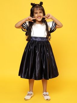 Tales & Stories - Girls Navy Blue and Cream Polyester Regular Fit Solid Dress