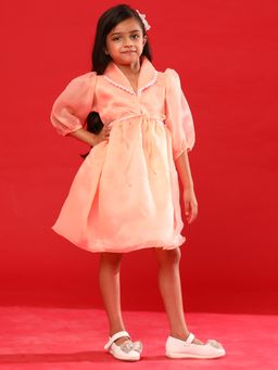 Tales & Stories - Girls Peach Polyester Regular Fit Solid Dress