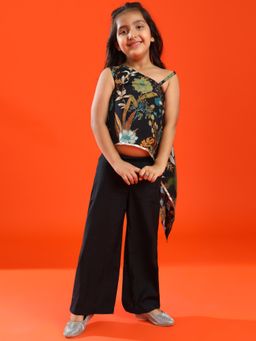 Tales & Stories - Girls Black Rayon Printed Top and Palazzo (Set of 2)