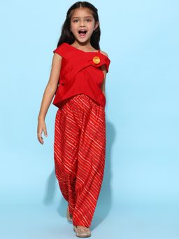 Tales & Stories - Girls Red Rayon Striped Top and Palazzo (Set of 2)