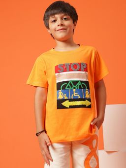 Tales & Stories - Boys Orange 100% Cotton Printed T-Shirt