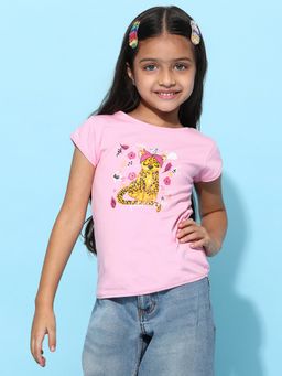Tales & Stories - Girls Light Pink Lycra Printed Regular Fit T-Shirt