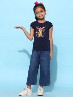 Tales & Stories - Girls Navy Blue Lycra Printed Regular Fit T-Shirt