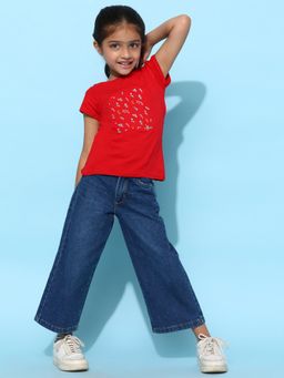 Tales & Stories - Girls Red Lycra Embroidered Regular Fit T-Shirt