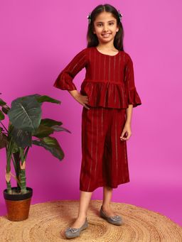 Tales & Stories - Girls Maroon Rayon Striped Top and Palazzo (Set of 2)