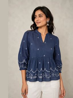 Sutra Art of Clothing - Handloom Indigo Jamdani Peplum Top