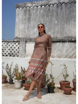 O-PAP STYLE - Women Brown Elizabeth Printed Fringe Dress with Belt