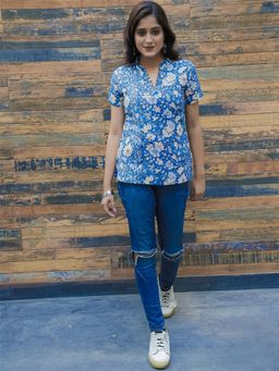 EARTHWEAR - Hand Block Printed Cotton Blue Top