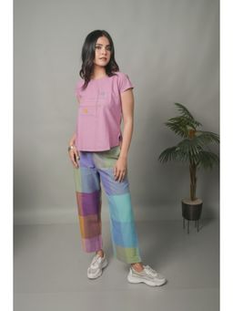 EARTHWEAR - Pastel Checks Hand Embroidered Handloom Multicolour Top with Pant