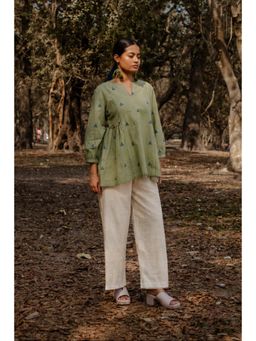 EARTHWEAR - Cotton Woven Buti Gather Olive Top
