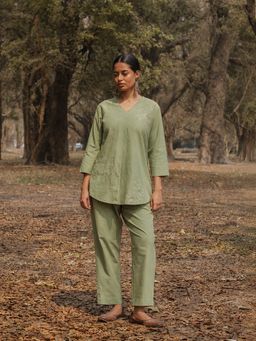 EARTHWEAR - Hand Embroidered Cotton Pleated Green Co-Ord Set