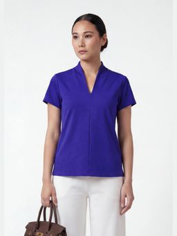 Alonge - Blue Shawl Collar Half Sleeve Top